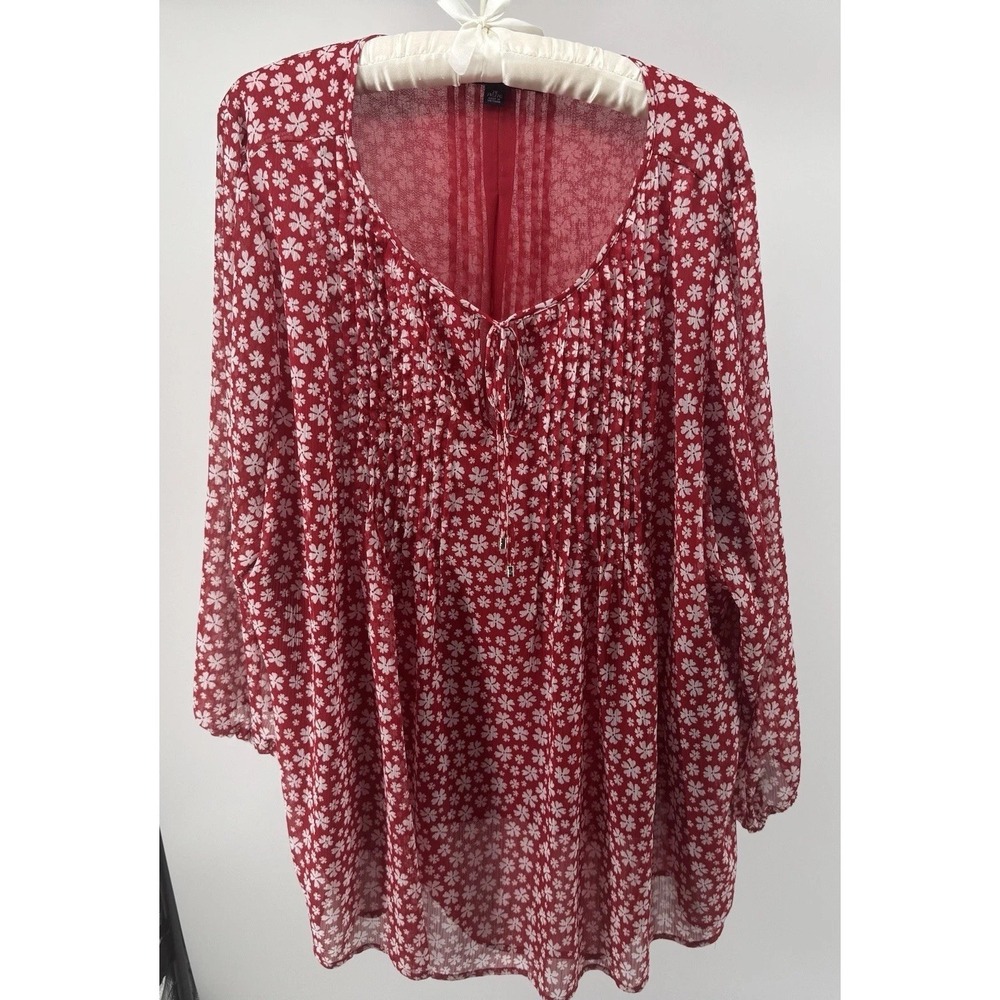 Tommy Hilfiger 2X Red Floral Peasant Blouse Boho Flowy Fall Sheer Chic Top - Picture 2 of 7